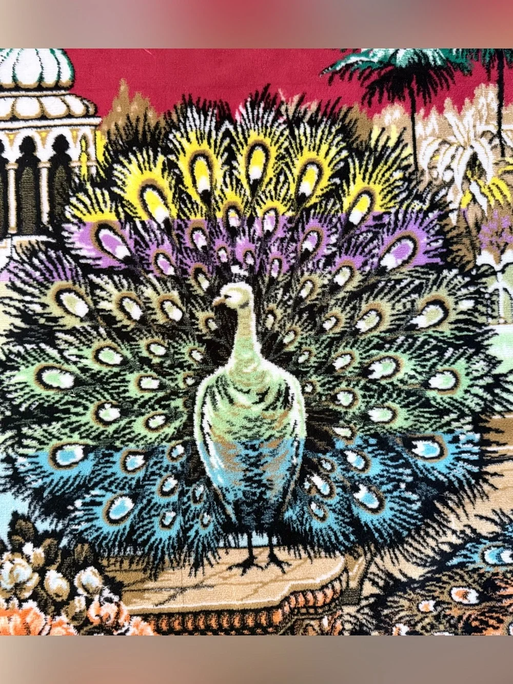 Vintage 1970 Circa Velvet Peacock Wall Tapestry Rug - 64